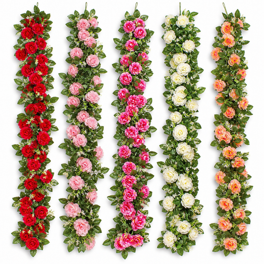 Artificial rose vine garlands in multiple colours on white background