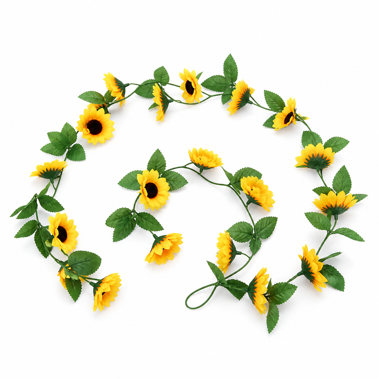 Artificial sunflower vine garland on white background