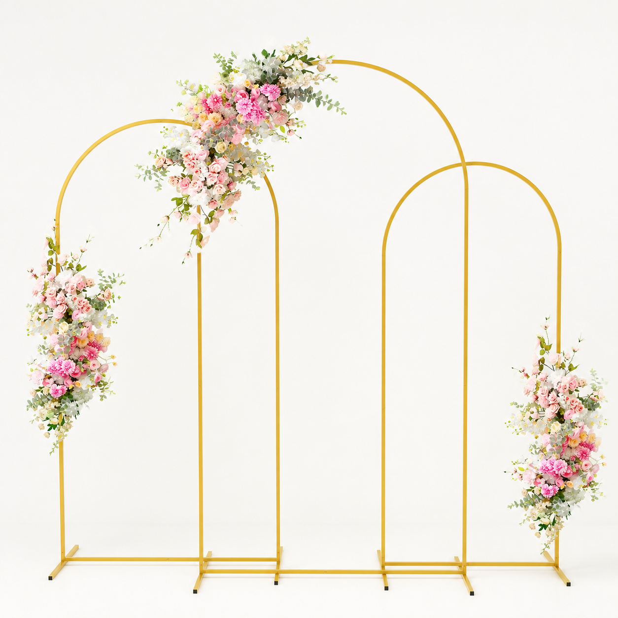 Half moon gold metal balloon arch frame with floral styling for wedding backdrop