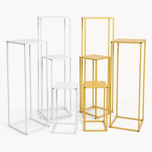 Metal geometric flower stand in white and gold for wedding aisle and event decor